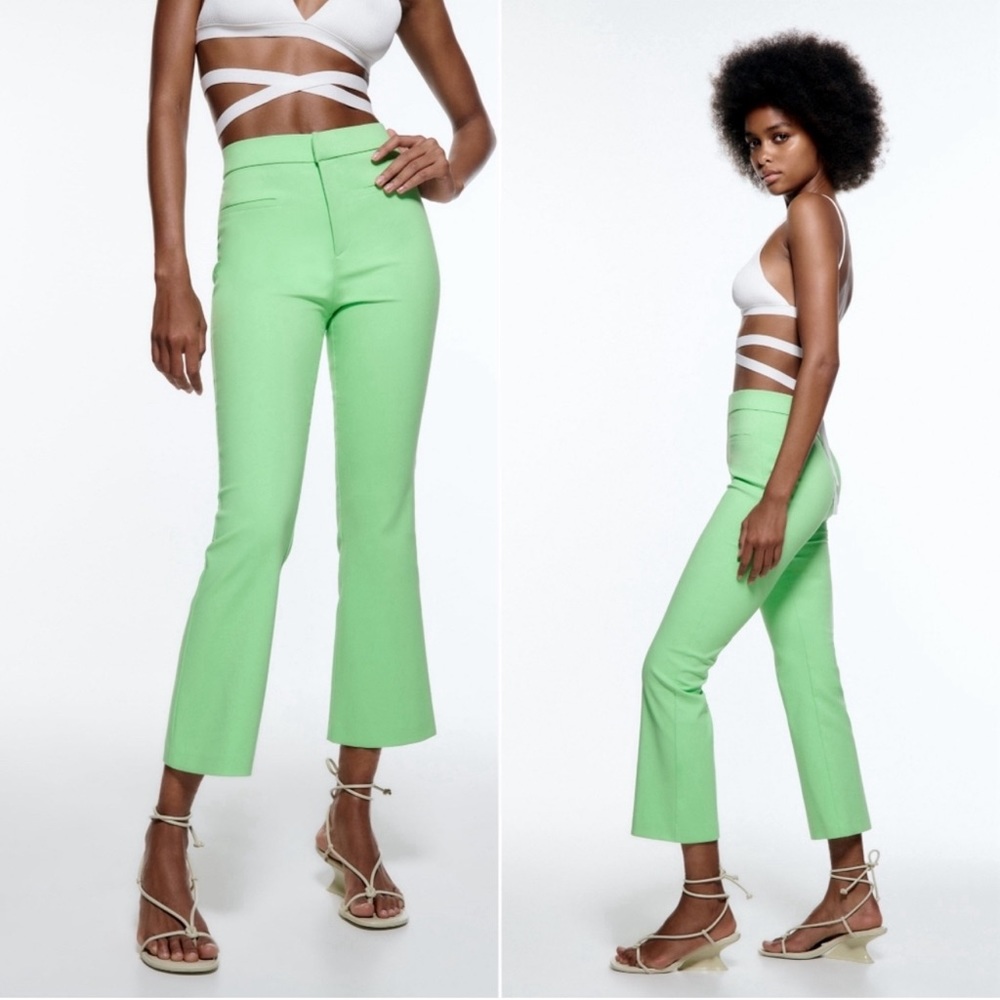 ZARA Bloggers Fav High Waist Crop Flare Hippie Chic Pants Apple Green Sz M Boho